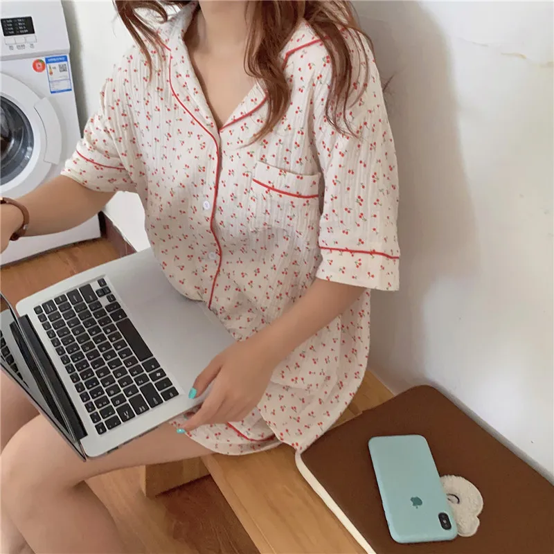 

Korean Cotton Home Suit with Shorts Girl Women Pajamas Set Kawaii Cherry Print Short Sleeve Shirts + Shorts Sleepwear Nightie