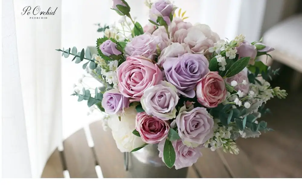 

PEORCHID Purrple Hand Bouquet Eucalyptus Rose Artificial Ramos Para Novia Wedding flowers Bridal Bouquets Peony