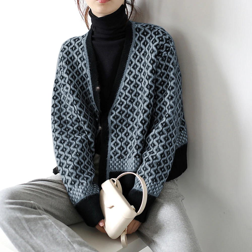 

Women Cardigan Sweater Loose Fashion Print Style Geometric Pattern Korean Version Japanese Casual Street Shooting 2021 Spring