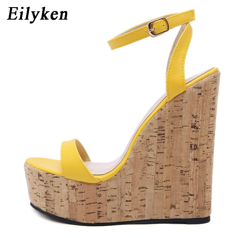 yellow Eilyken/женские босоножки на танкетке с открытым носком и ремешком на щиколотке; женские сандалии-гладиаторы на очень высоком каблуке с закрытой пяткой; летние сандалии с пряжкой - Цвет: yellow