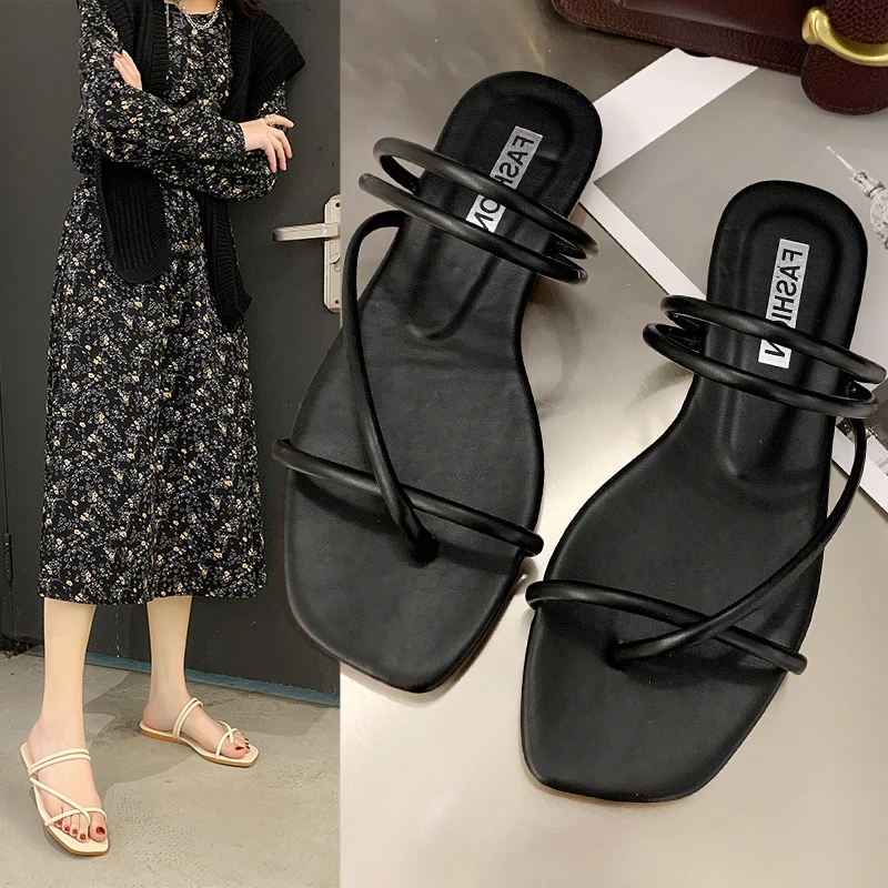

2021 Summer Fashion Leather Women Sandals Cross Flat Woman Slippers Sweet Office Business Female Shoes Square Toe Beach Slides