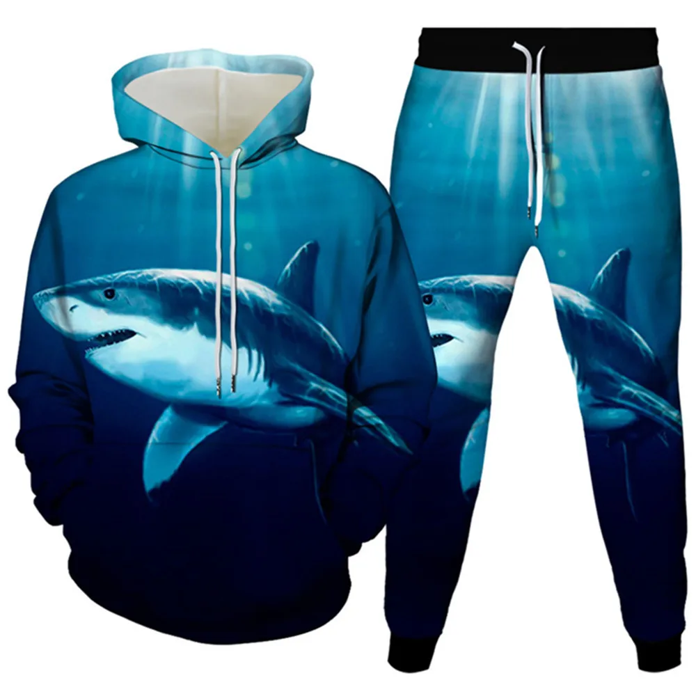

Teen Animal Fish Shark Printed Clothes Men Hoodies+Trousers 2PcsSets Women Birthday Party Sportwear Tracksuits Plus Size S-6XL
