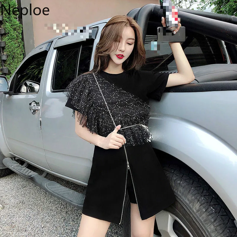 Neploe черная футболка с блестками и круглым вырезом в стиле пэчворк женская летняя