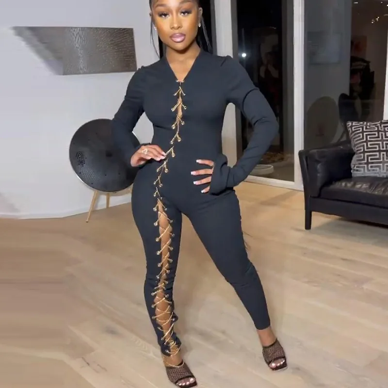 2021 Ribbed Chain Hollow Out Side Criss-Cross  Jumpsuit Women Solid Flared Sleeve Skinny Slim Night Club Party One Piece Overall