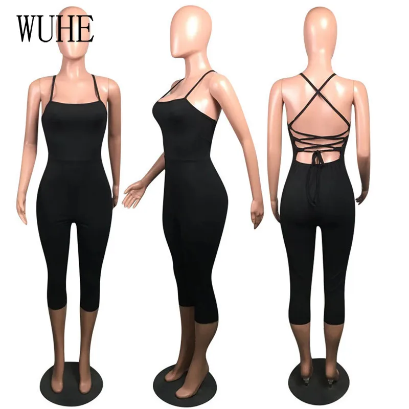 

WUHE Cross Backless Jumpsuits Off Shoulder Lace Up Sleeveless Sexy Package Hip Skinny Casual Streetwear Sports Fitness Overalls
