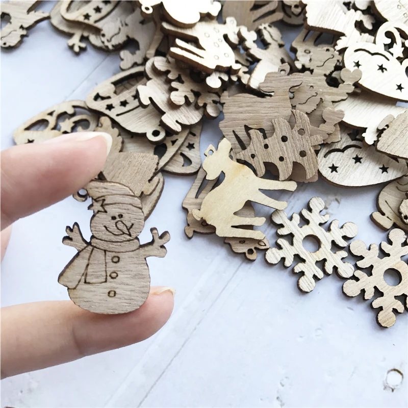 50/100 шт. DIY Плетеный абажур из натурального дерева чип Рождественская елка висячие украшения кулон подарки для детей Снеговик Форма Рождество украшения для дома