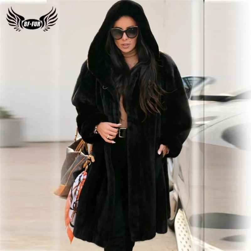 2020 модное черное пальто с капюшоном из натурального меха норки для женщин 100 см