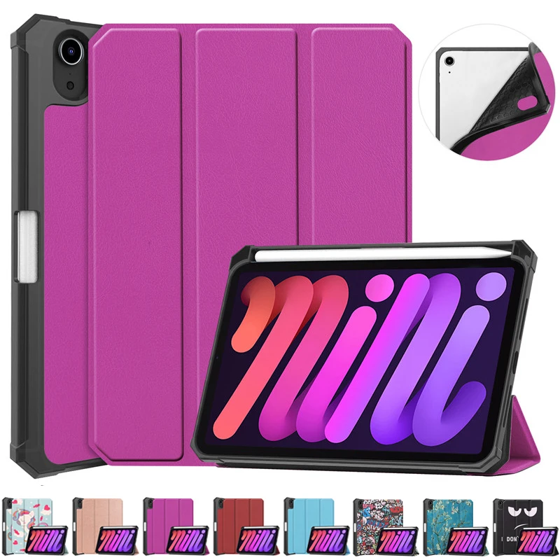 

For iPad Mini 6 2021 Protective Cover PU Leather Shockproof TPU Back for iPad mini 6 Tablet Case with Pen Tray Painted Stand