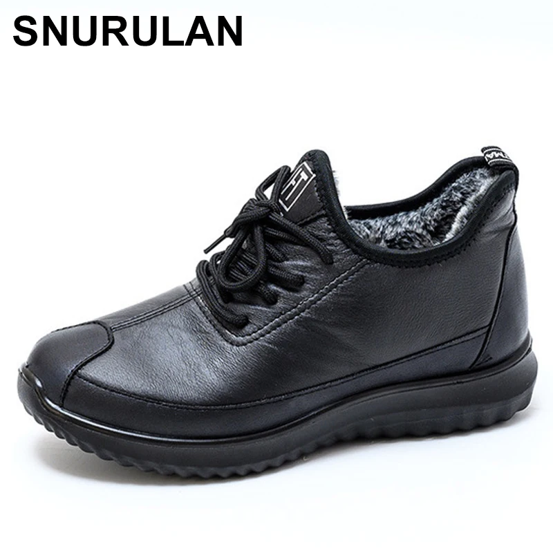 

SNURULANWomen's Winter Boots Female Plus Velvet PU Leather Snow Shoes Handmade Women Warm Ankle Boots Ladies Retro Footwear