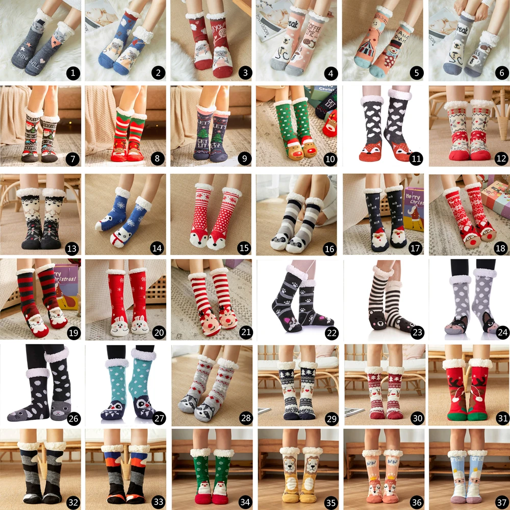 Cartoon Winter Plush Non Slip Sleeping Fluffy Kawaii Cute Funny Female Womens Short Slipper Sock Christmas