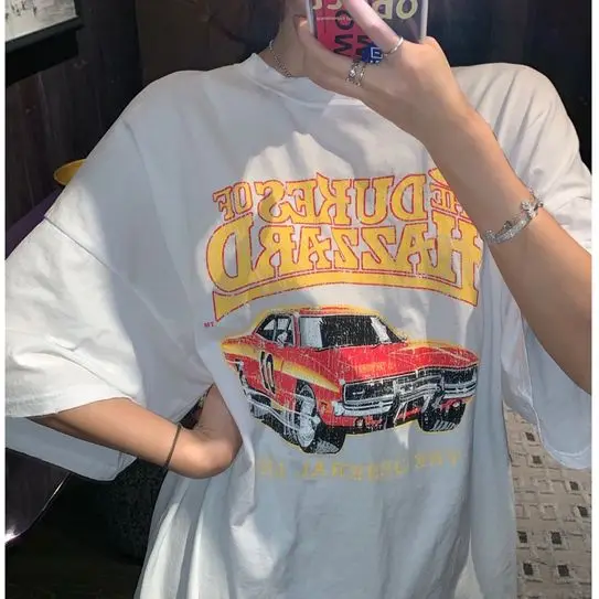 

2021 Spring And Summer Trend Trend New Personality Car Old Pattern Round Neck Casual Short-Sleeved T-Shirt Top Women