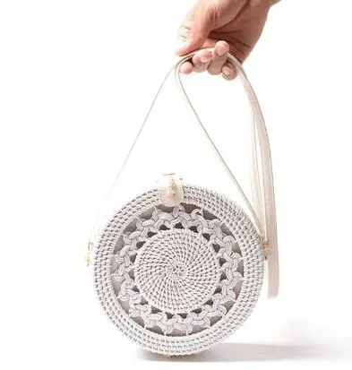whiteloukong18x8 Плетеная Сумка из ротанга, круглая соломенная сумка на плечо, маленькие пляжные сумки, женские летние полые сумки ручной работы, сумки через плечо - Цвет: whiteloukong18x8