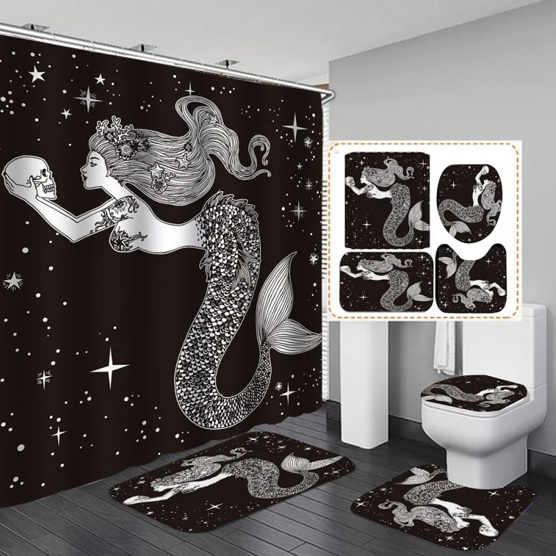 

4pcs/set Waterproof Shower Curtain Patterned Bathroom Mat Non-Slip Polyester Carpet Pedestal Rugs Lid Toilet Cover Bath Supplies
