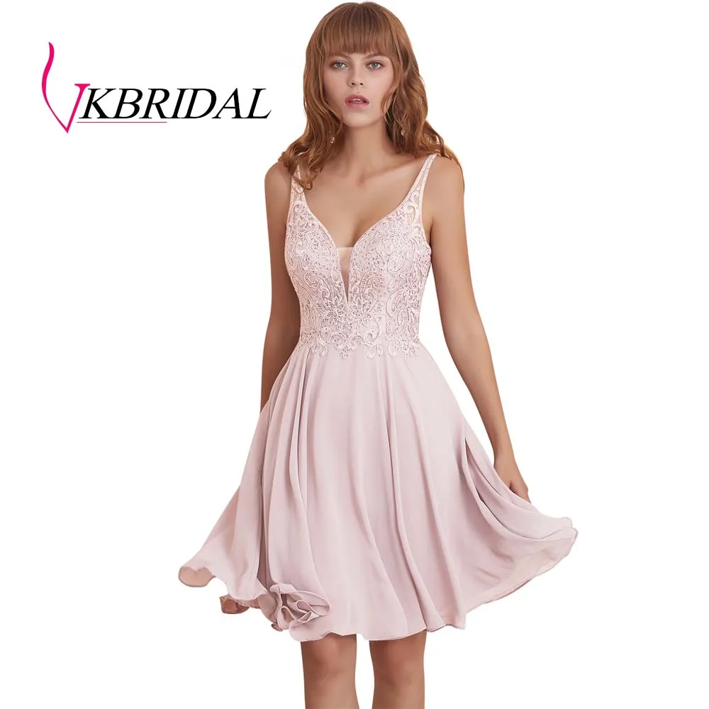 Розовый VKBRIDAL сексуальные короткие платья для выпускного вечера с открытой спиной шифоновые аппликационные кружева с бисером милые платья для выпускного вечера - Цвет: Розовый