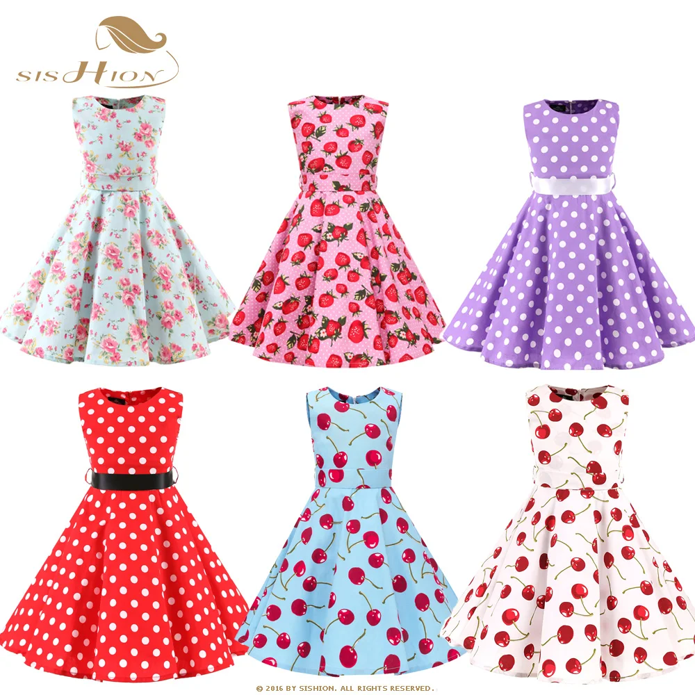 Детское винтажное платье в горошек без рукавов с высокой талией|Женские платья| |