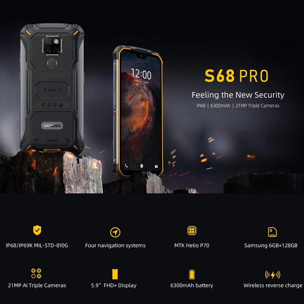 Смартфон DOOGEE S68 Pro защищенный IP68/IP69K Android 9 0 Helio P70 8 ядер 6 + 128 ГБ 5 84 дюйма FHD 16 МП 4