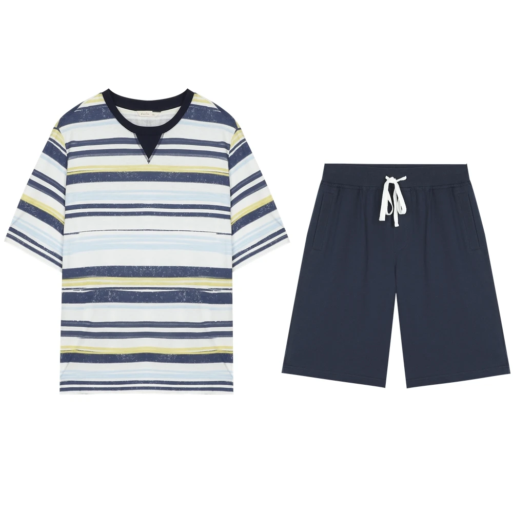 Conlia Men's Short Sleeve Cotton Pajamas Striped Pyjama Sleepwear Tops Pants Suit Loungewear 2020 Plus Size Home Wear