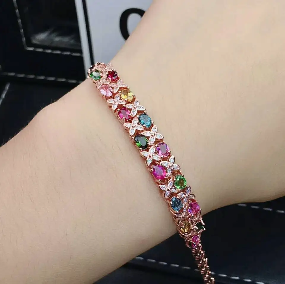 Женский браслет из серебра 925 пробы с натуральным турмалином|Гибкие и жесткие