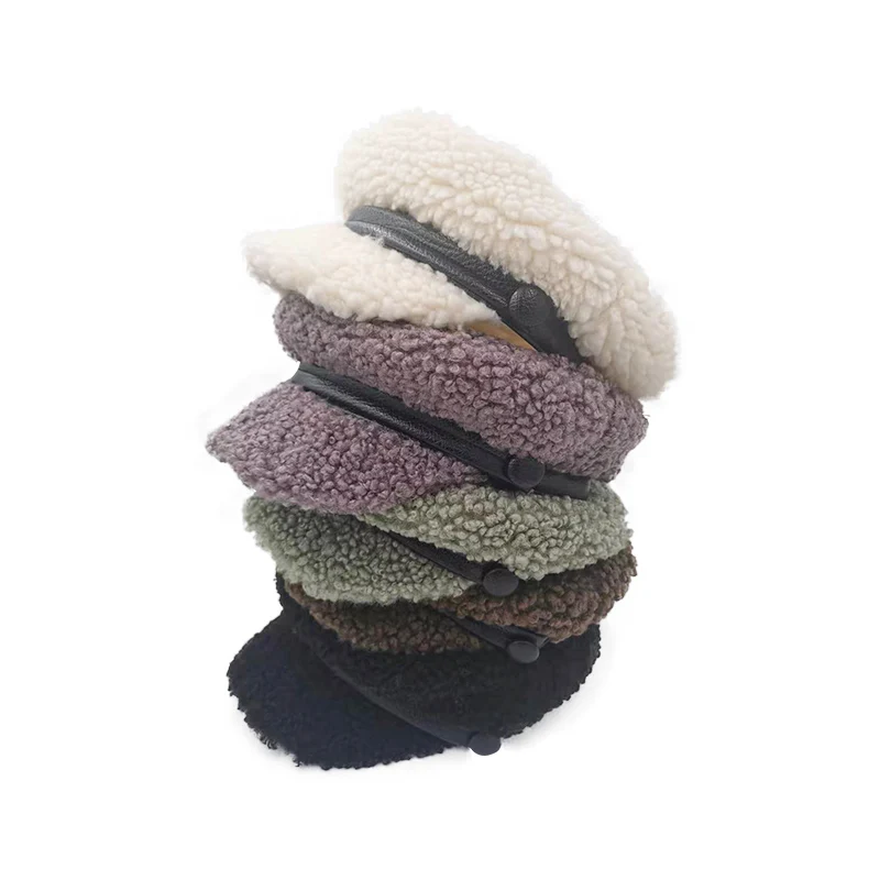

Hot Autumn Fashion Women Lamb Hair Hats British Style Warm White Retro Newsboy Military Octagonal Female Visor Caps
