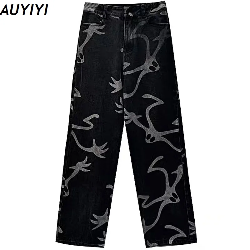 

Women's Jeans 2021 New Y2K Harajuku Streetwear High Waist Vintage Baggy Straight Denim Wide Leg Pants Hip Hop Printing Trouser