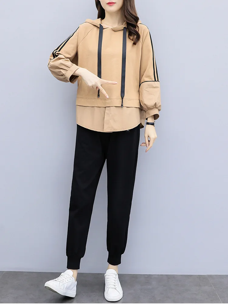 

Rlyaeiz Quality 2 Piece Set Women 2019 Autumn Casual Striped Sleeve Hoodies + Ankle-length Pants Sweat Suit Women Brand Sets