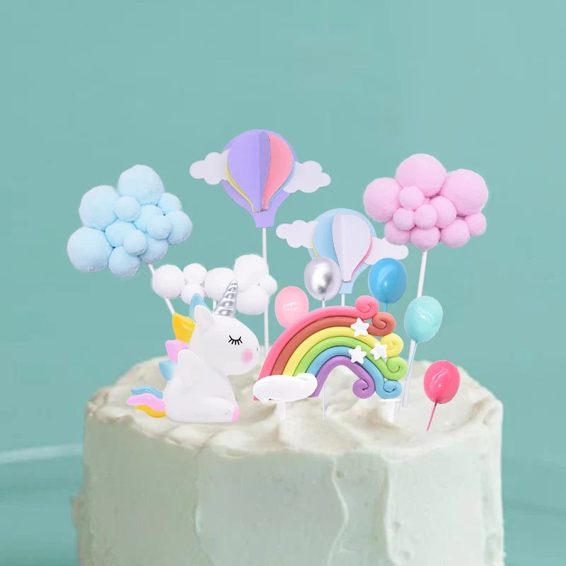 

1pc Rainbow Unicorn Cake Topper Pom Pom Cloud Cupcake Flags Kids Birthday Party Cakes Decoration Wedding Dessert Favors Ornament