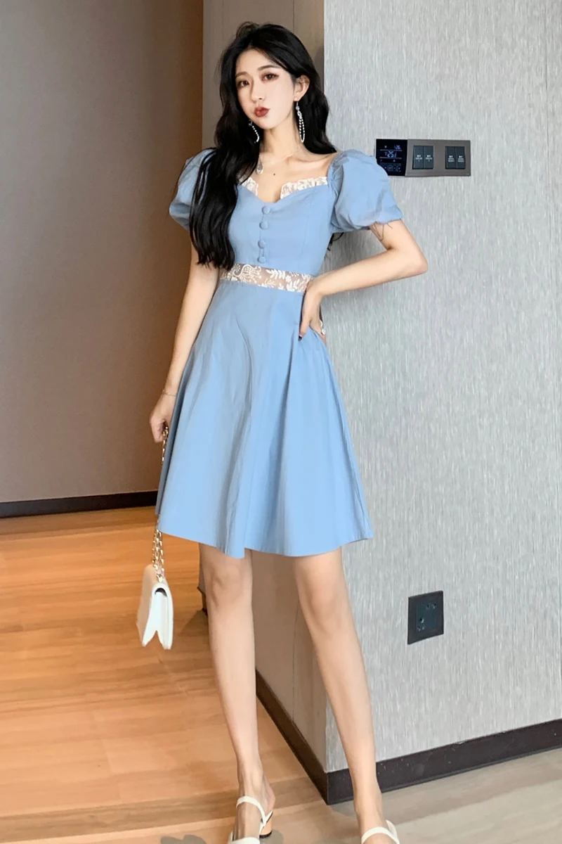 

COIGARSAM French Style Patchwork Women dress Summer Vintage Embroidery Puff Sleeve Square Collar Dresses Blue 36671