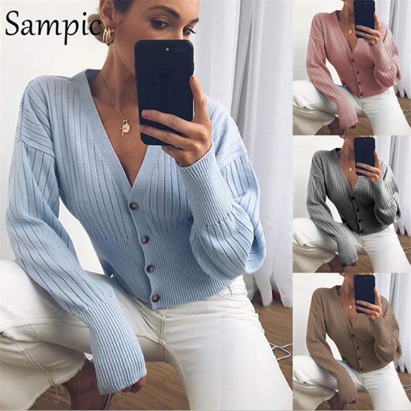 

Sampic Fashion Woman 2020 Casual Long Sleeve Pink Cropped Sweaters Oversized V Neck Cardigan Knitted Sweater Autumn WIinter 2020