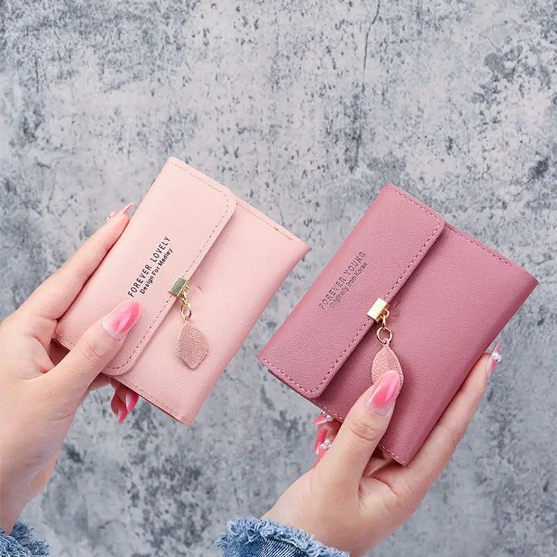 

New Korean Version Leaf Pendant of Simple Small Wallet Three-Fold Pocket Short Wallets 2021 for Women