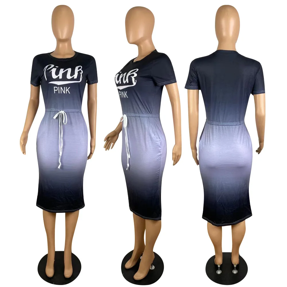 

2021 Women Summer Midi Dress Letter Print Sporty Bandage Casual Street Dresses Vestidos