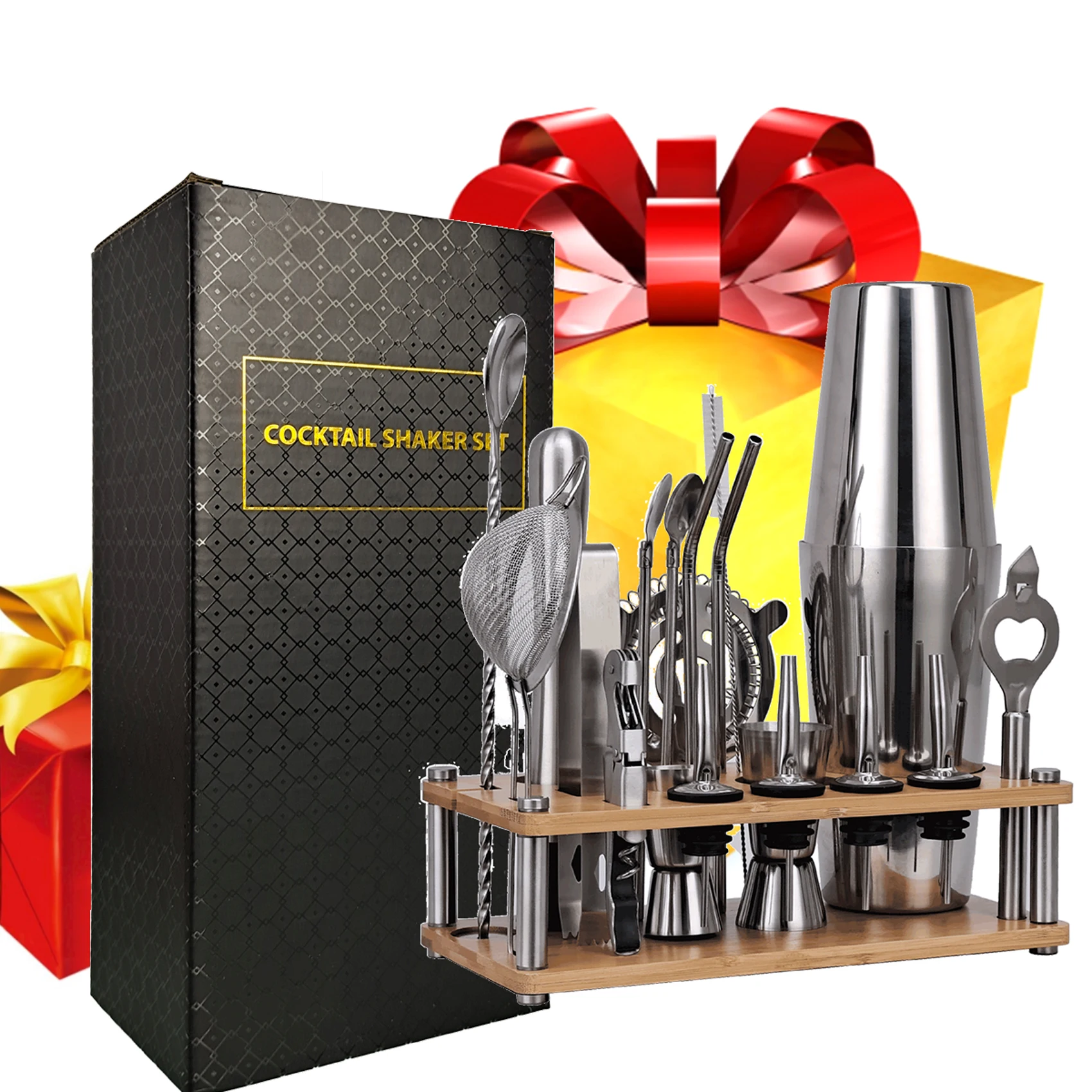 Набор бармена набор из 20 коктейльных шейкеров со съемной бамбуковой подставкой