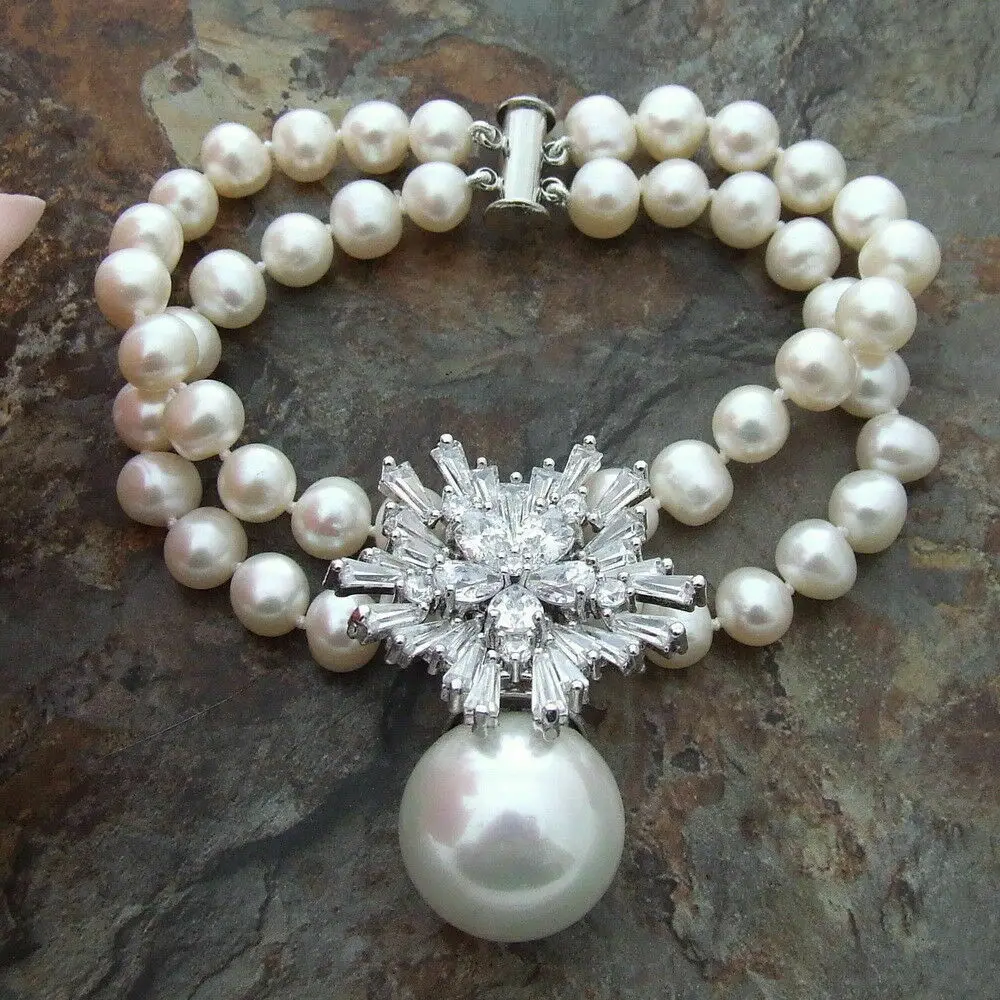 

2 Strands 8-9mm freshwater Pearl WITH Sea Shell Pearl Bracelet