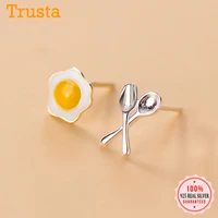 trustdavis 925 sterling silver fashion asymmetric knife fork poached egg stud earrings for women lady party s925 jewelry da1214