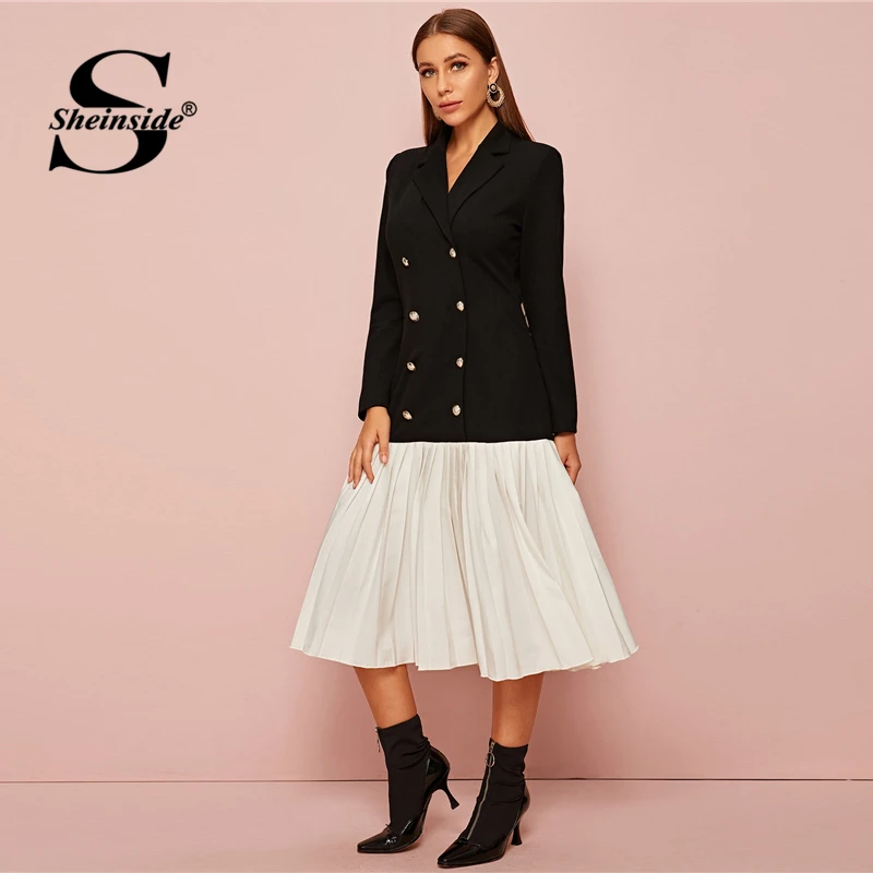 Sheinside, элегантный двубортный блейзер с поясом, платье для женщин, осень, трапециевидные платья для девушек, лоскутное плиссированное платье с подолом