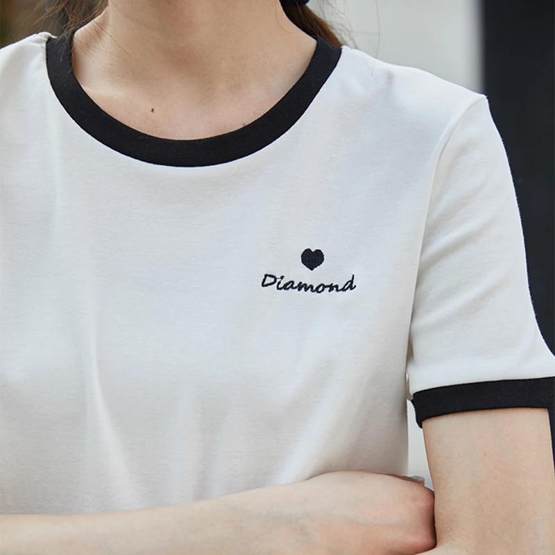 

2021 New Tops Summer Slim Tee Shirt Femme Clothing Short Embroidered Letters Casual T Shirt Women Patchwork Cotton Tshirts