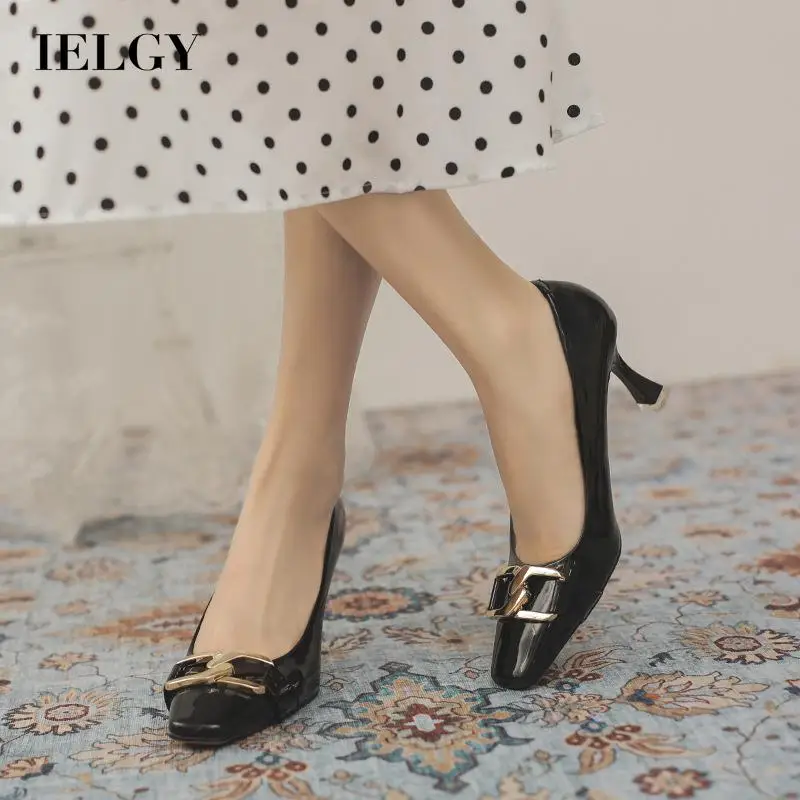 IELGY high heels patent leather chain square toe shallow mouth