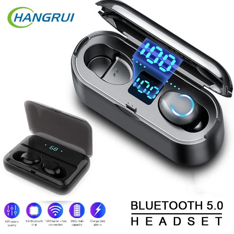 Беспроводные наушники Bluetooth 5,0 F9 TWS, беспроводные Bluetooth наушники, светодиодный дисплей, 2000 мАч, внешний аккумулятор, игровая гарнитура с микрофоном