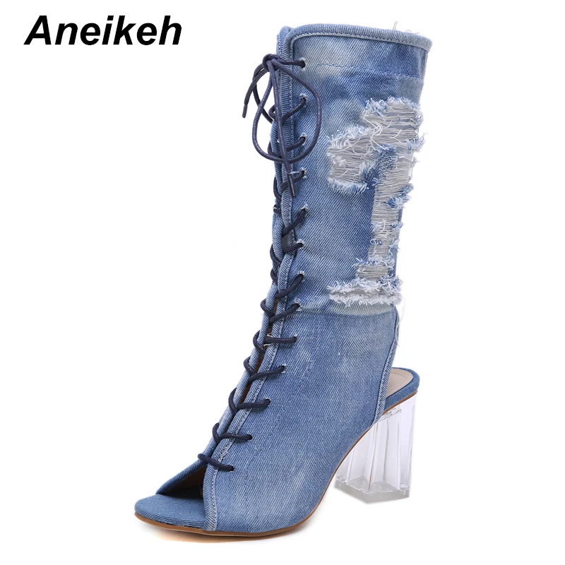 Aneikeh новинка 2020 модные синие джинсовые женские ботинки челси с перекрестной