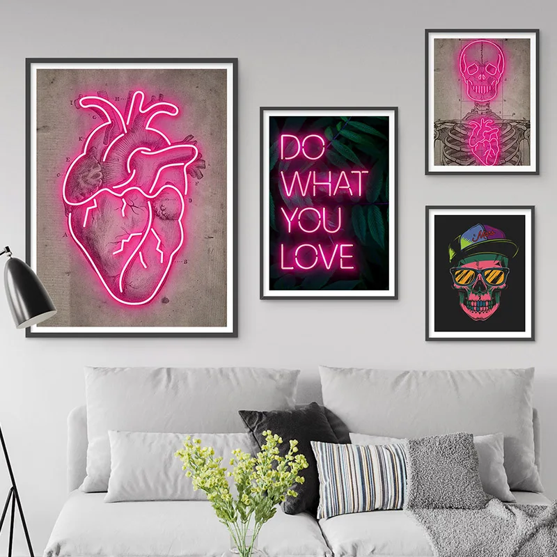 Скандинавская неоновая картина со скелетом в форме сердца винтажная настенная