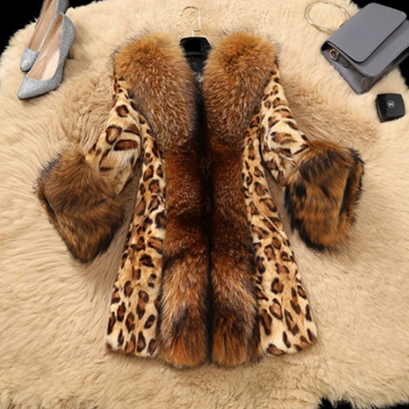 

Зимнее женское пальто из искусственного меха енота, роскошное длинное пальто с лацканами, плотное, теплое, леопардовое, размера плюс