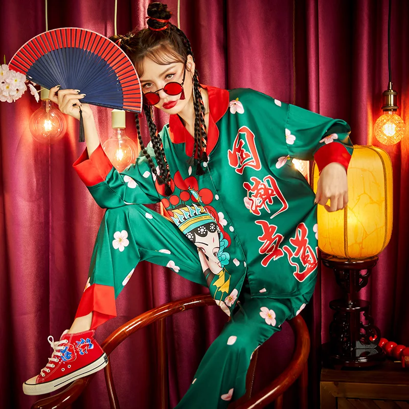 Summer Pajamas Women Sleepwear Chinoiserie The Tide High Quality Snow and Ice Silk Princess Style Spring Plus Size Pajama Set