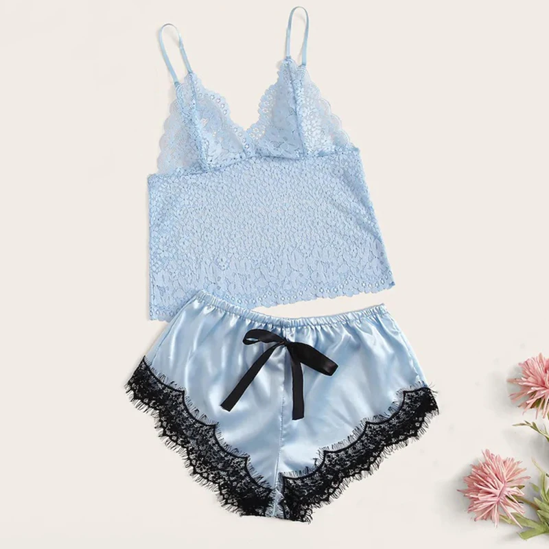 

Women Pajamas Sexy Pajamas Women Sexy Underwear Sexy Women's Slip Hollow-out Blue Pajamas Two-Piece
