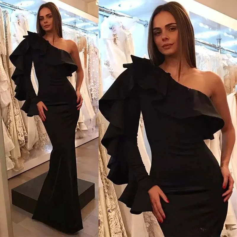 

One Shoulder Mermaid Prom Formal Dresses with Long Sleeve 2021 Black Ruffles Full length Sexy Runway Occasion Evening Gown