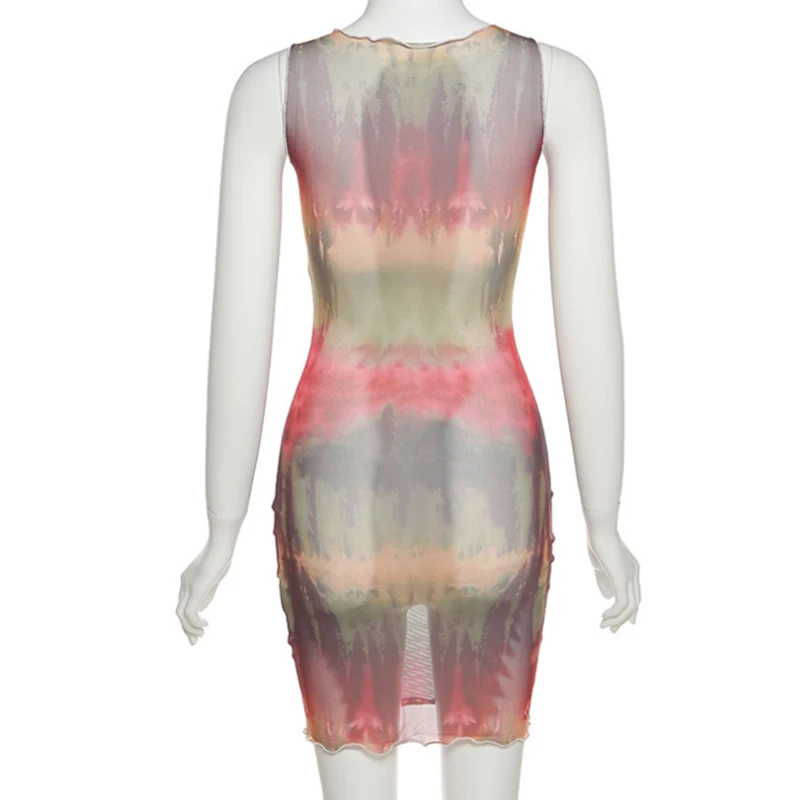 

Women's Round Summer Dress 2021 Y2k Vintage Sukienki Neck Sleeveless Fashion Net Gauze Print Slim Fit Hip Bag Streetwear 107