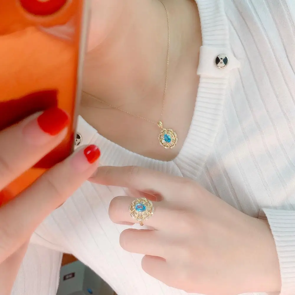 

shilovem 925 sterling silver Natural blue topaz Rings pendants fine Jewelry women wedding send necklace 6*8mm dtz0608222agb