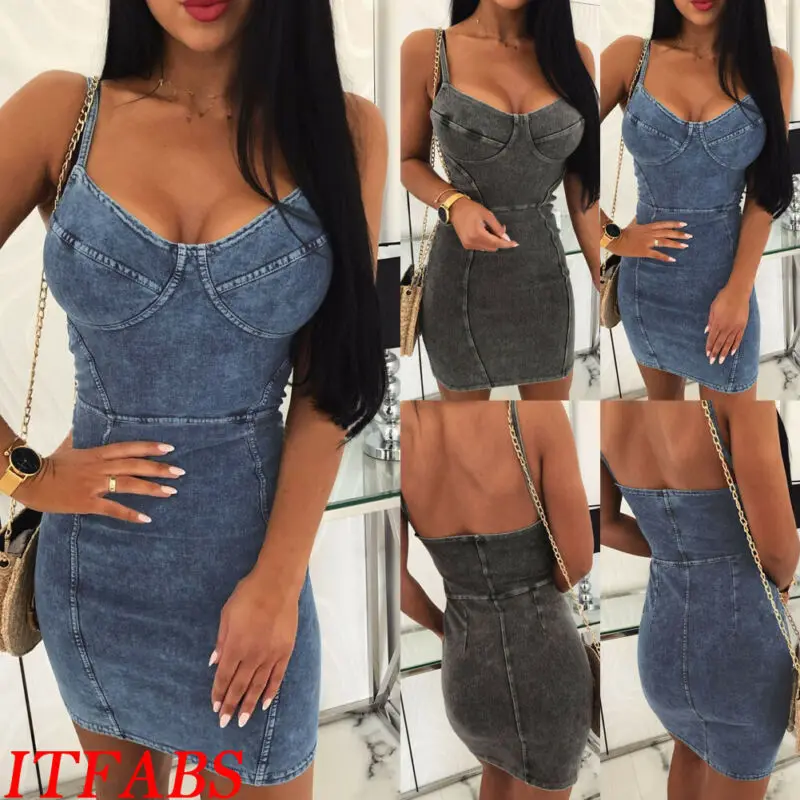 Сексуальное женское джинсовое платье на бретельках без рукавов с v-образным