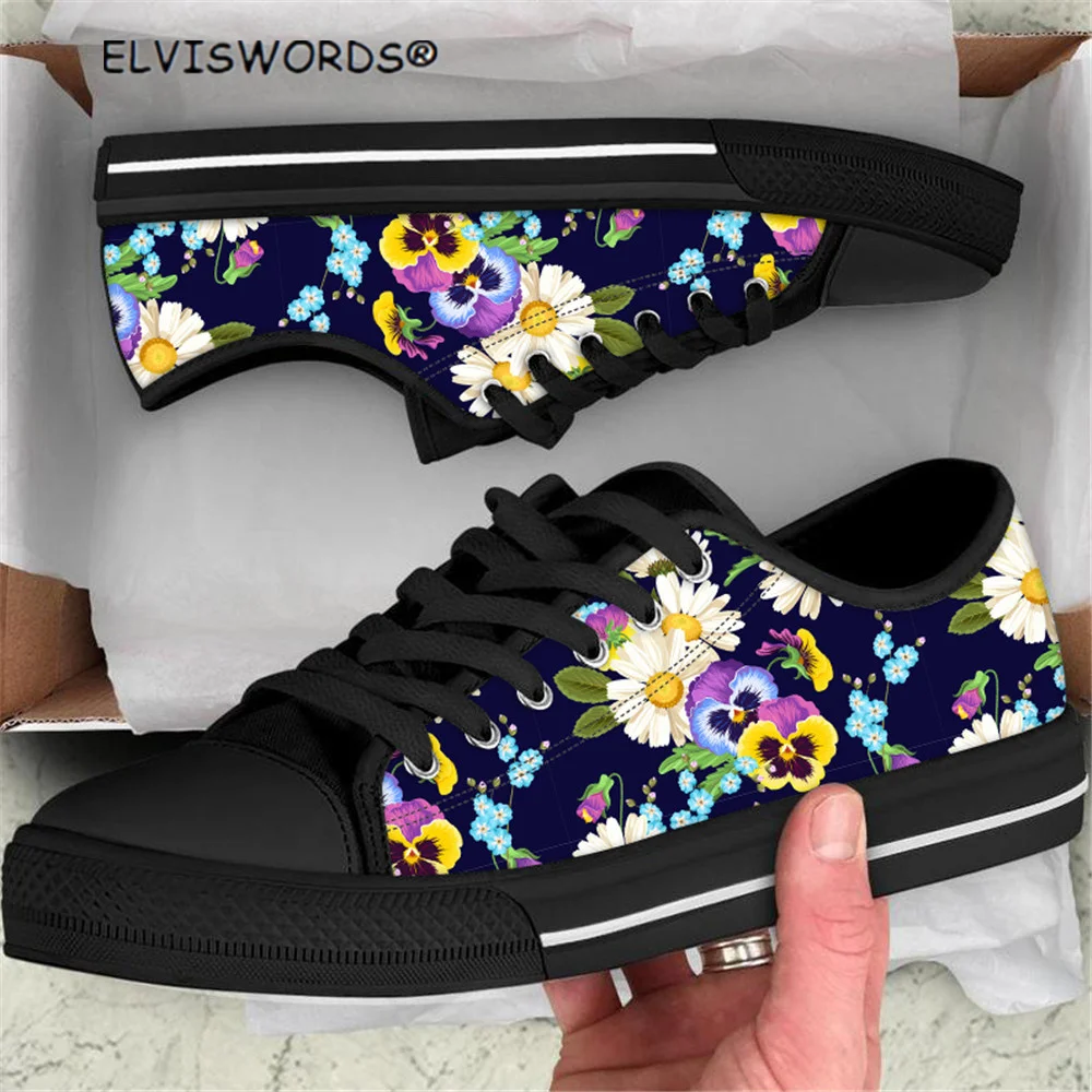 

ELVISWORDS/Модная разноцветная женская обувь на плоской подошве с цветочным узором для отдыха; Удобная женская парусиновая обувь с низким верхо...