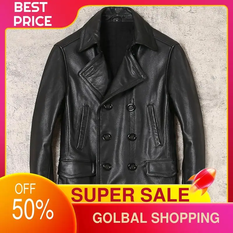 

2021 Black Long Casual Style Genuine Leather Jacket Men Double Breasted Plus Size 5XL Real Natural Cowhide Autumn 740 Peaoat