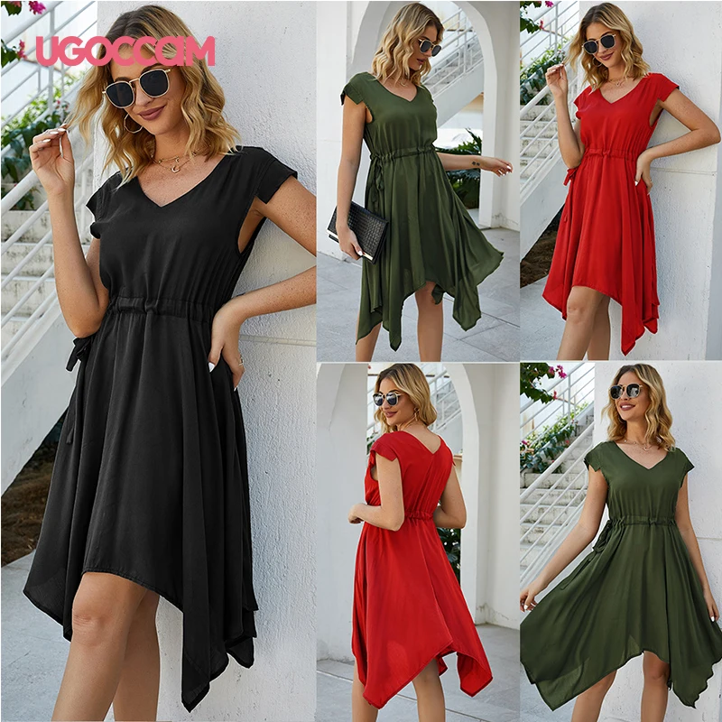Летнее платье UGOCCAM 2021 женское миди пляжная одежда платья на бретельках с V