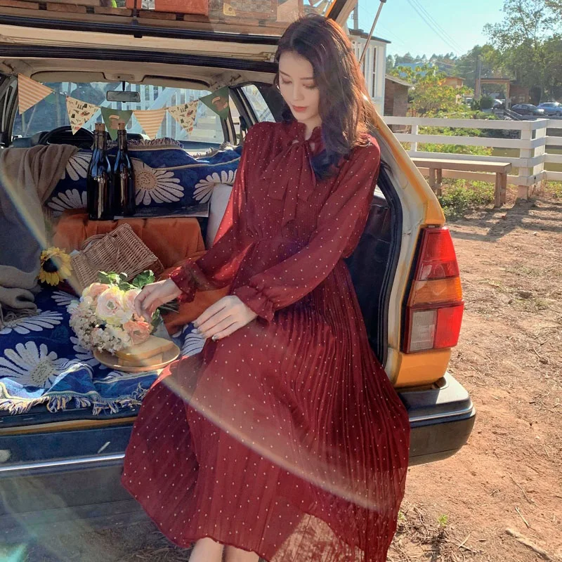 

Elegant Korean Women Dress Spring Summer Bohemian Dot Pleated Chiffon Dress Long sleeve Loose Plus Size Dresses Beach Vestidoes
